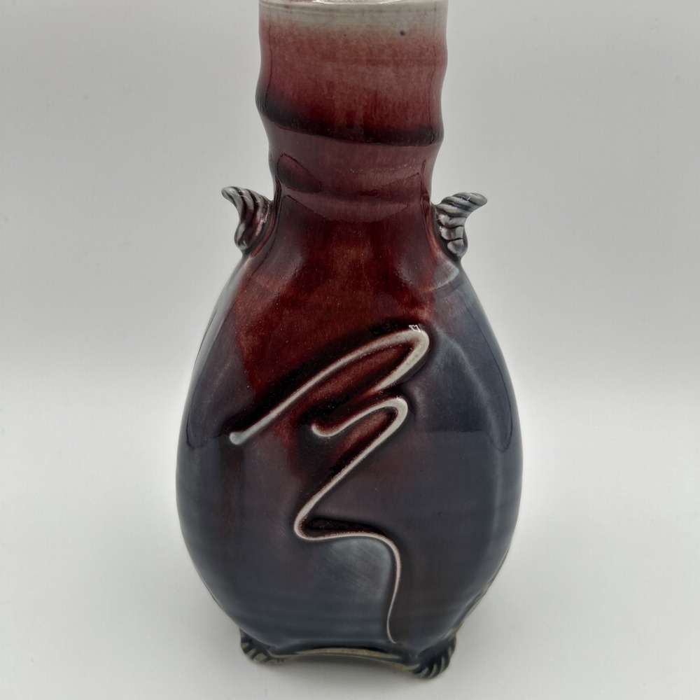 James Sankowski Ballston Lake Pottery Vase OS Red Blue Glazed Footed Signed - Picture 6 of 10